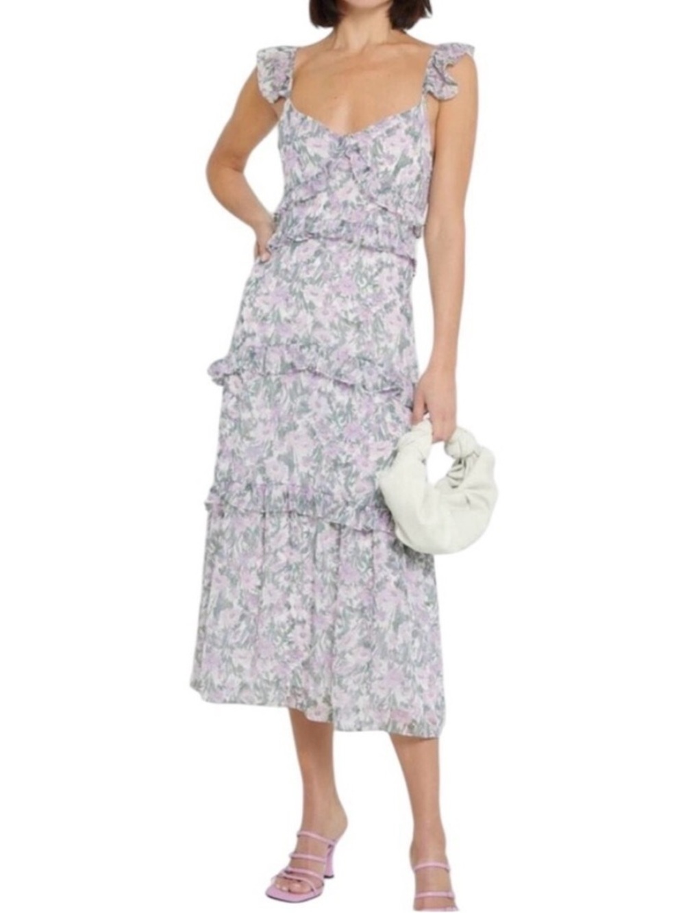 o.p.t Floral Ruffled Tiered Midi Dress Size S